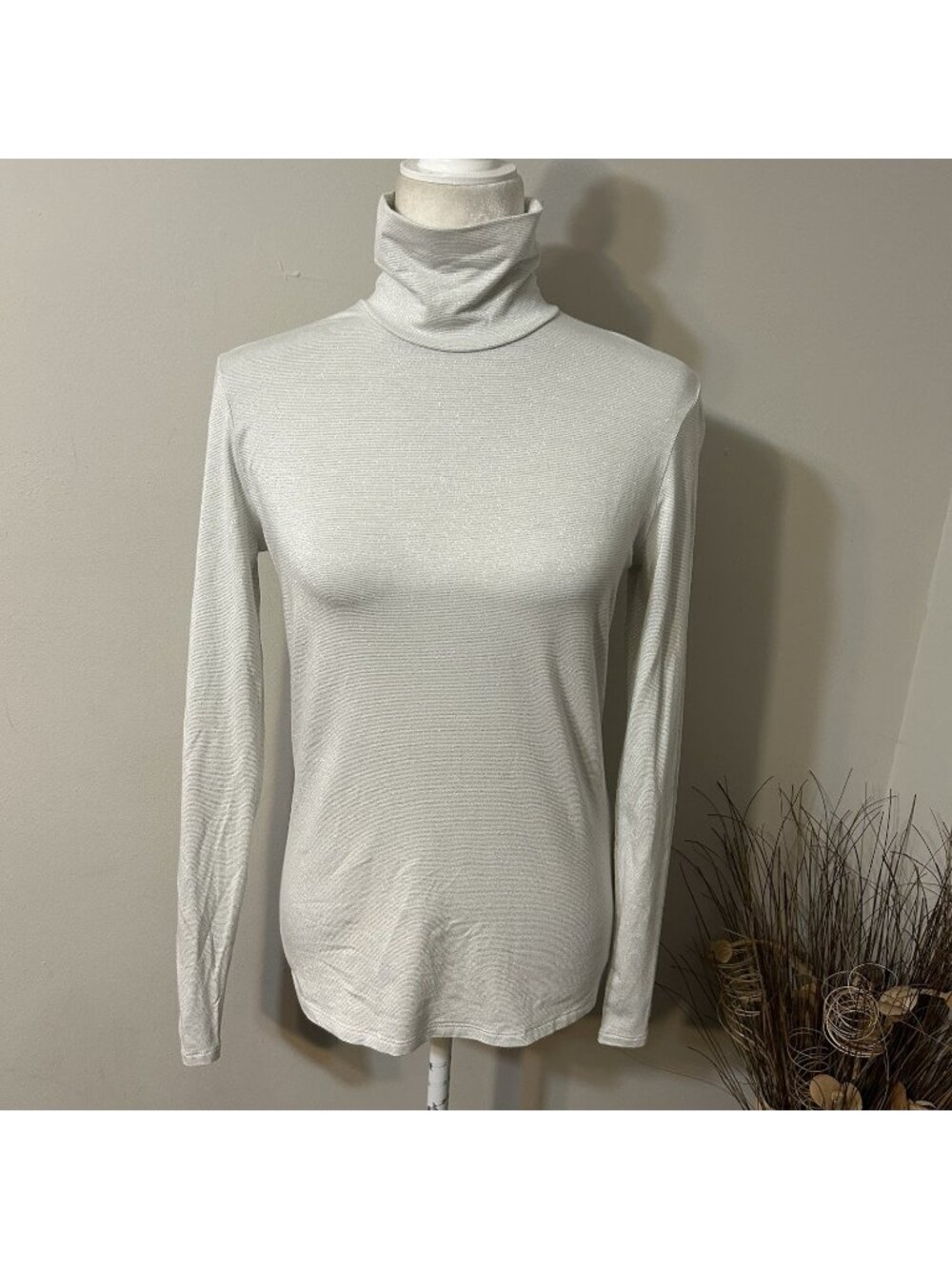 MAX MARA Studio Turtle Neck Long Sleeve Gray Striped Metallic Made In Italy Sz M